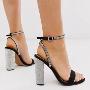 ASOS Design Hot Step Embellished Rhinestone Block Heel Black Sandals size 5